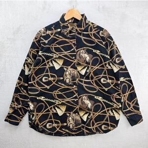 Gallop Western Shirt Womens L Horses Rodeo Black Gold Rope Belts Stirrup AOP